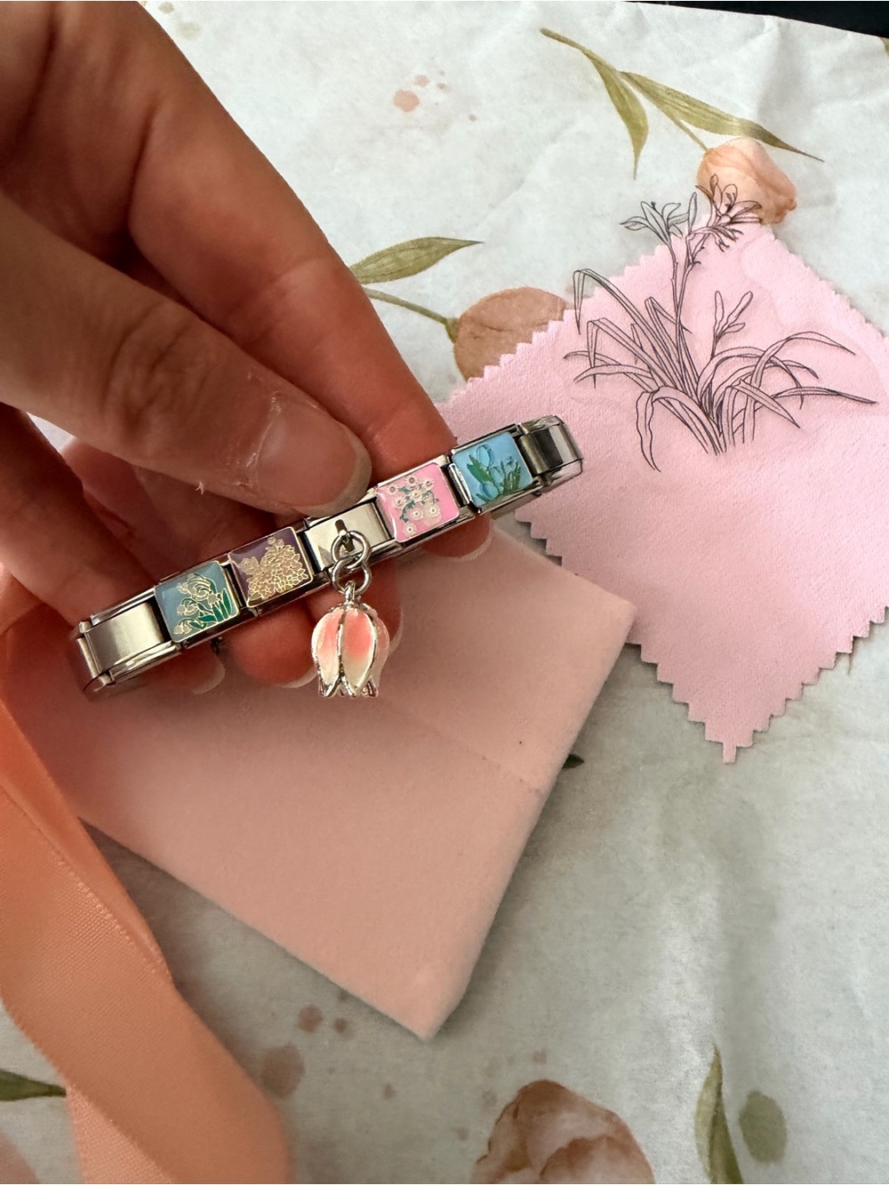 Pink Tulip Italian Charm Bracelet with Tulip Dangle Charm